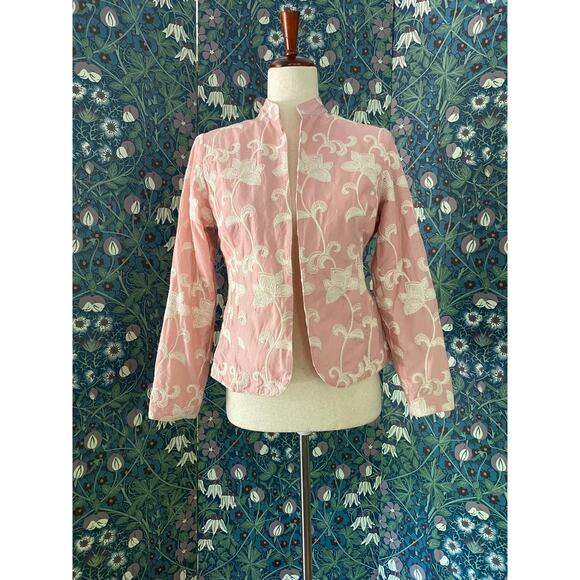 Cotton jacket in soft pink with white flower embroideries, size S - Picture 1 of 5
